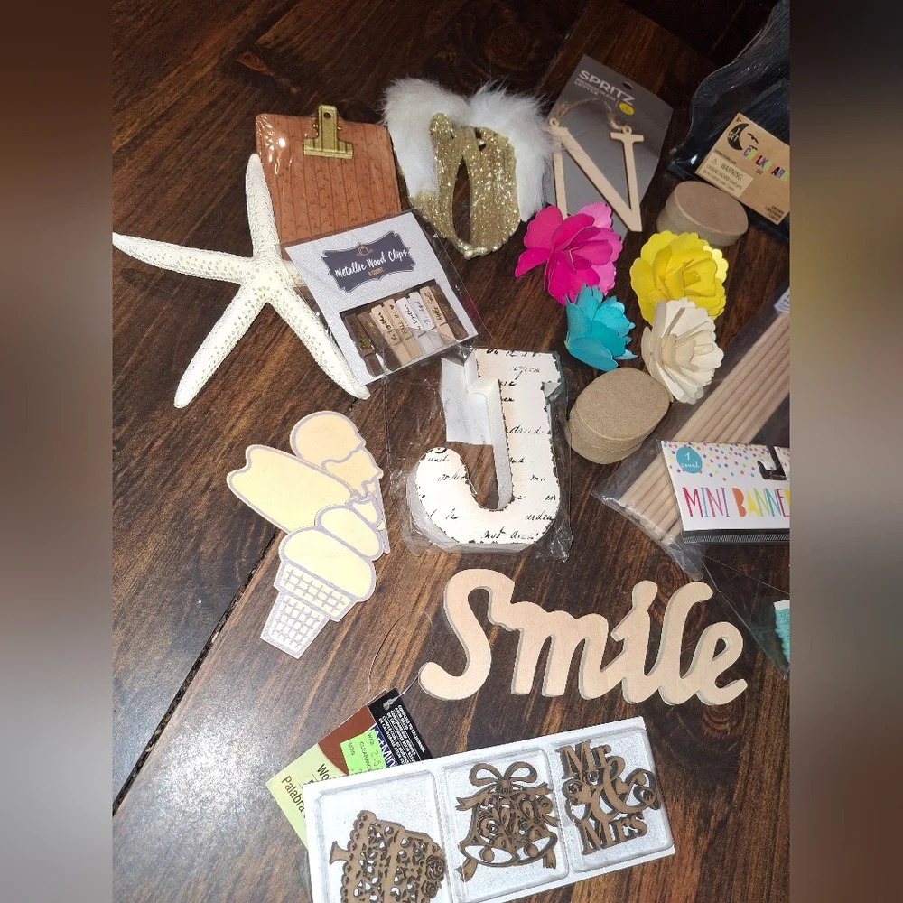 Craft Supplies Wooden Art Mixed Media Seashell Flowers Dowels Letters Chipboard